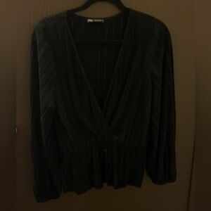 ZARA Black Pleated Surplice Long Sleeve Top